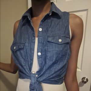 Blue jean tie front button up Top